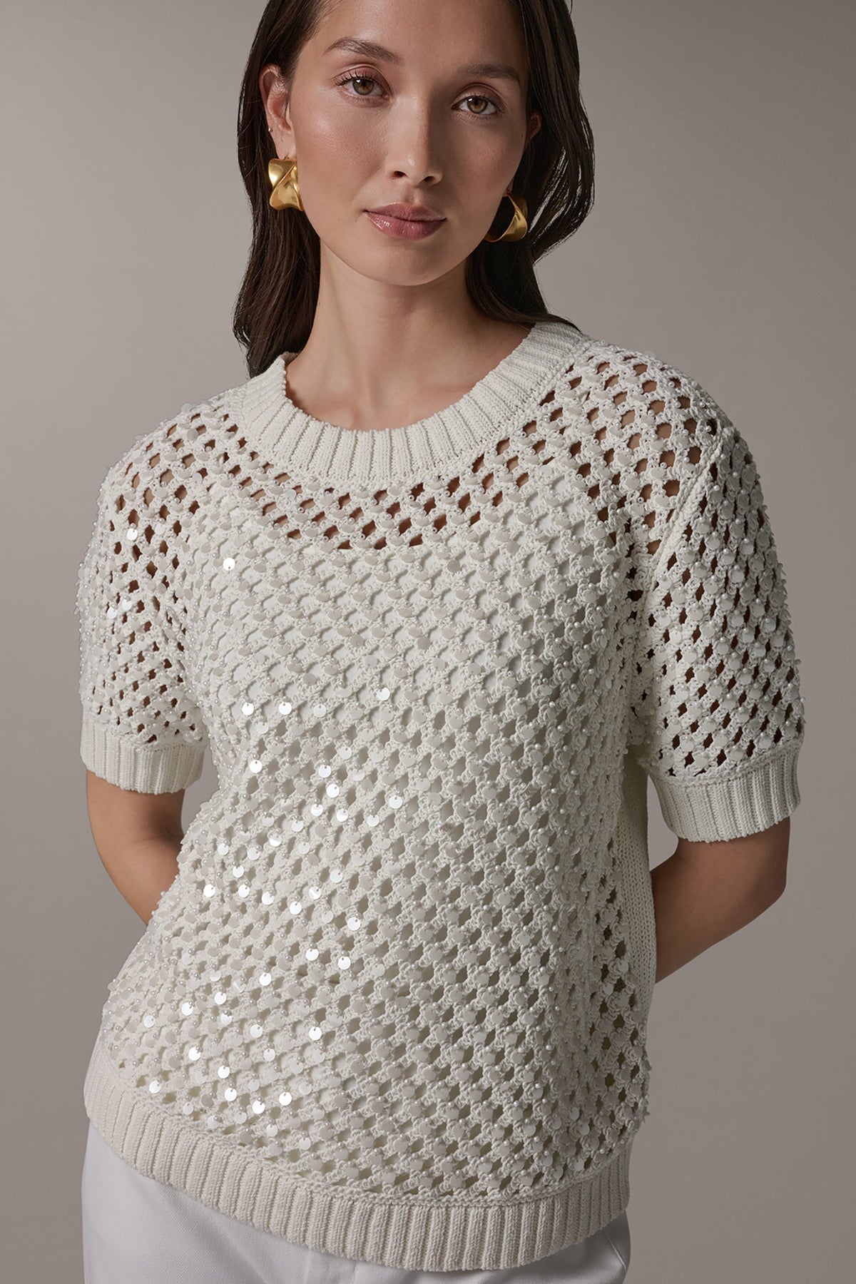 SHORT SLEEVE PEARL SEQUIN SWEATER - Cream