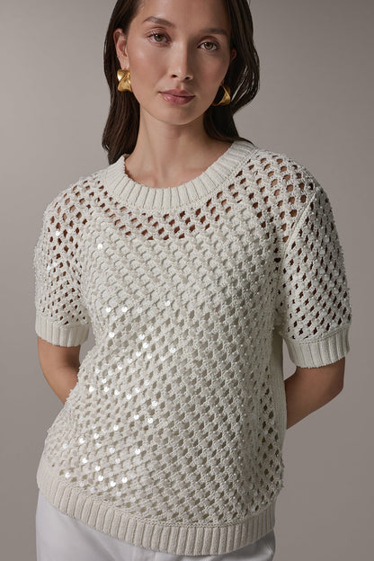 SHORT SLEEVE PEARL SEQUIN SWEATER - Cream
