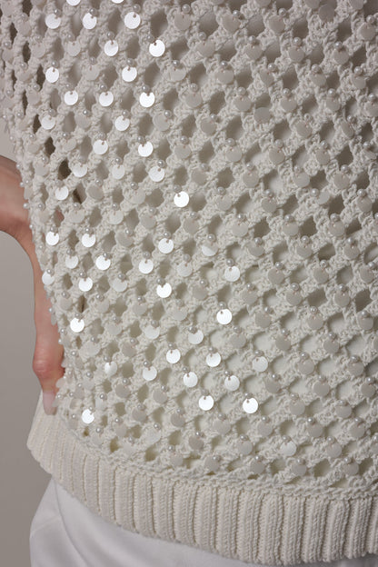 SHORT SLEEVE PEARL SEQUIN SWEATER - Cream
