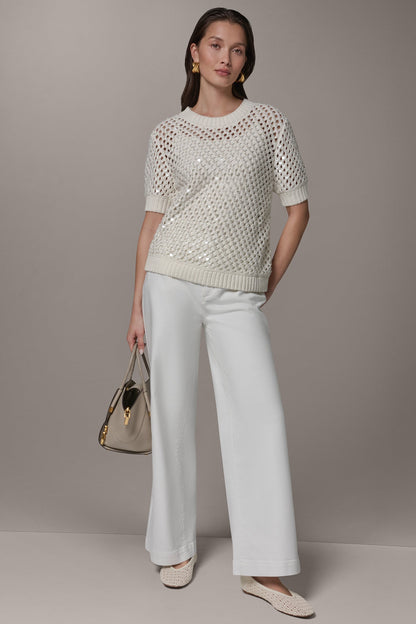 SHORT SLEEVE PEARL SEQUIN SWEATER - Cream
