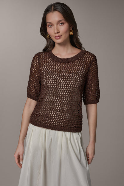 SHORT SLEEVE OPEN STITCH SWEATER - Canyon