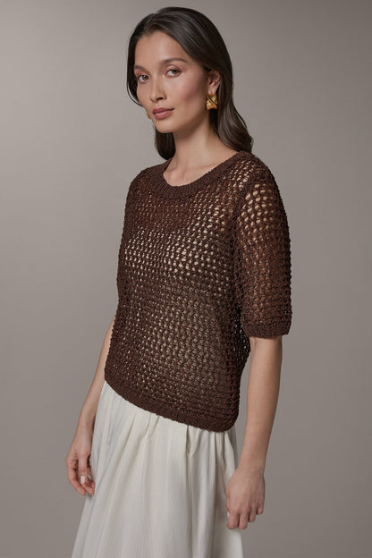 SHORT SLEEVE OPEN STITCH SWEATER - Canyon