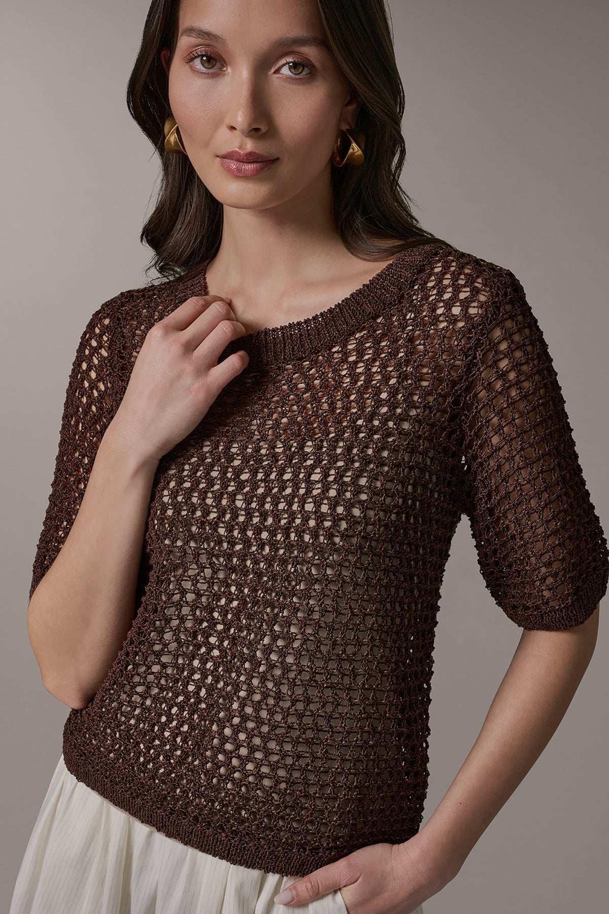 SHORT SLEEVE OPEN STITCH SWEATER - Canyon