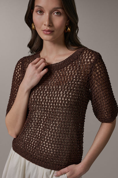 SHORT SLEEVE OPEN STITCH SWEATER - Canyon