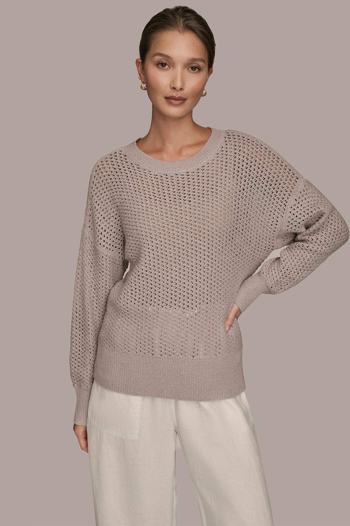 LONG SLEEVE OPEN STITCH SWEATER - VAPOR