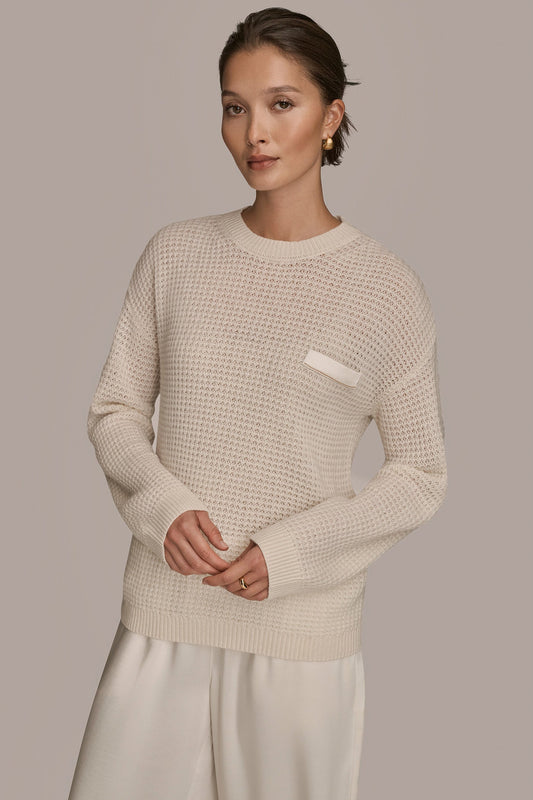 WOOL AND CASHMERE-BLEND POCKET SWEATER - CREAM/GOLD