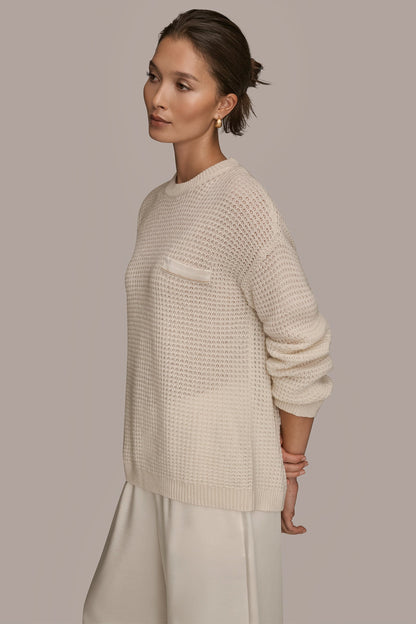 WOOL AND CASHMERE-BLEND POCKET SWEATER - CREAM/GOLD