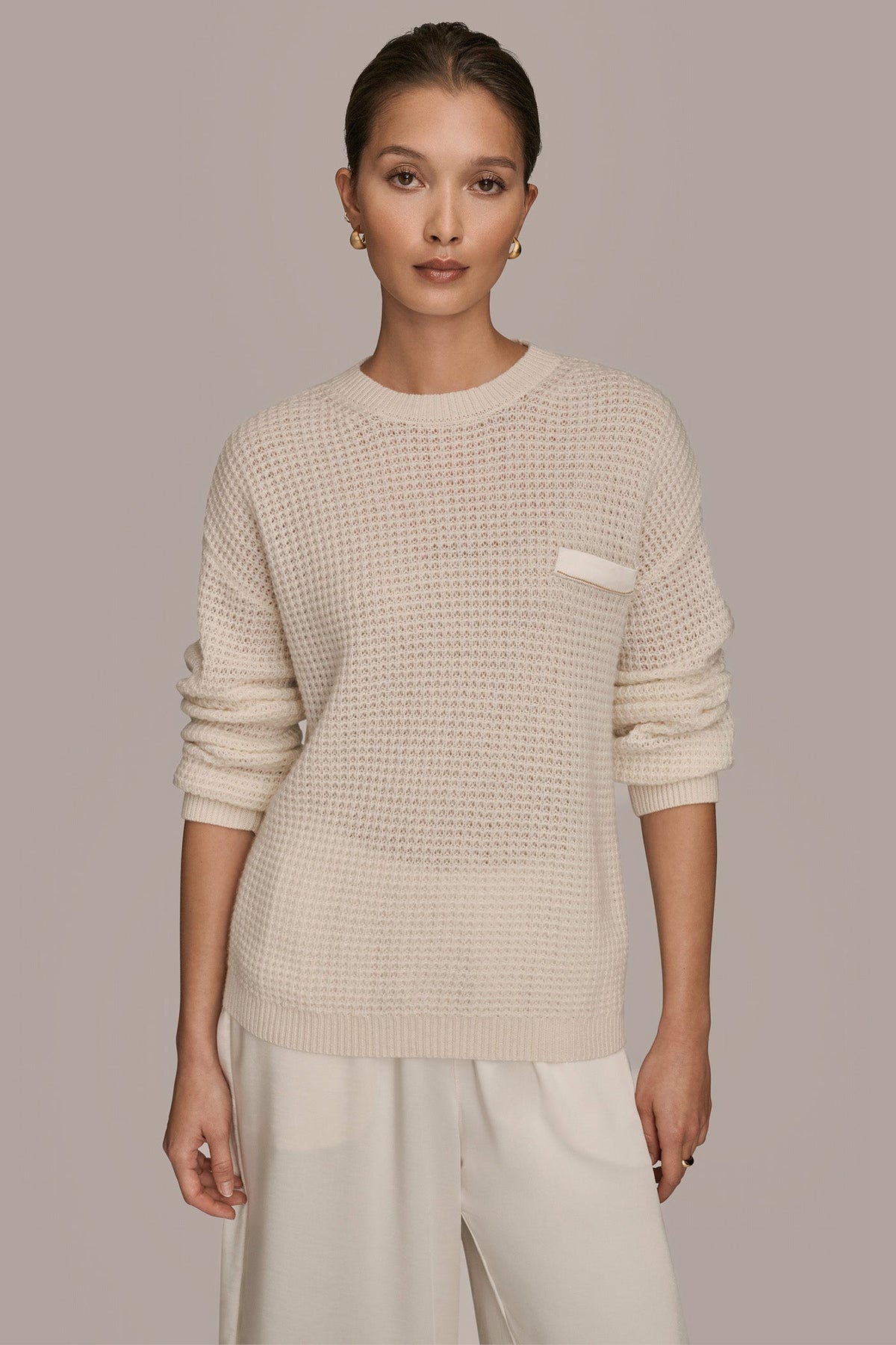 WOOL AND CASHMERE-BLEND POCKET SWEATER - CREAM/GOLD
