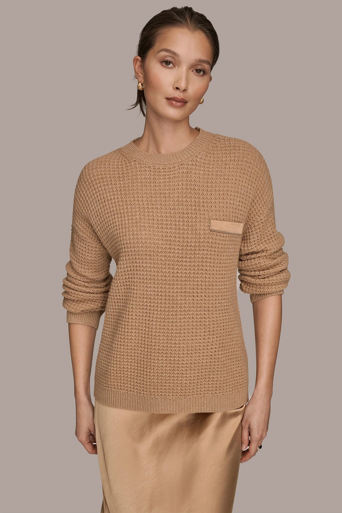 WOOL AND CASHMERE-BLEND POCKET SWEATER - FAWN HEATHER/SILVER