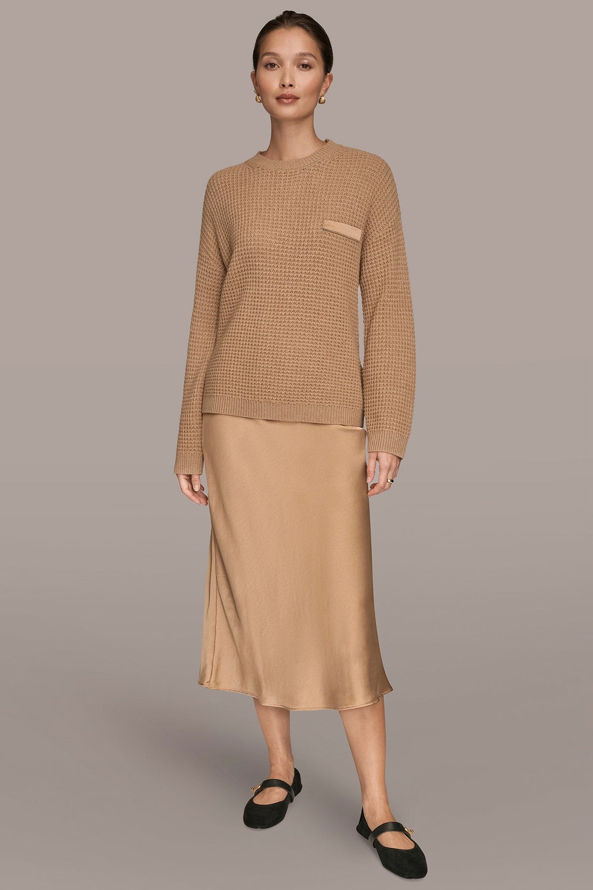 WOOL AND CASHMERE-BLEND POCKET SWEATER - FAWN HEATHER/SILVER