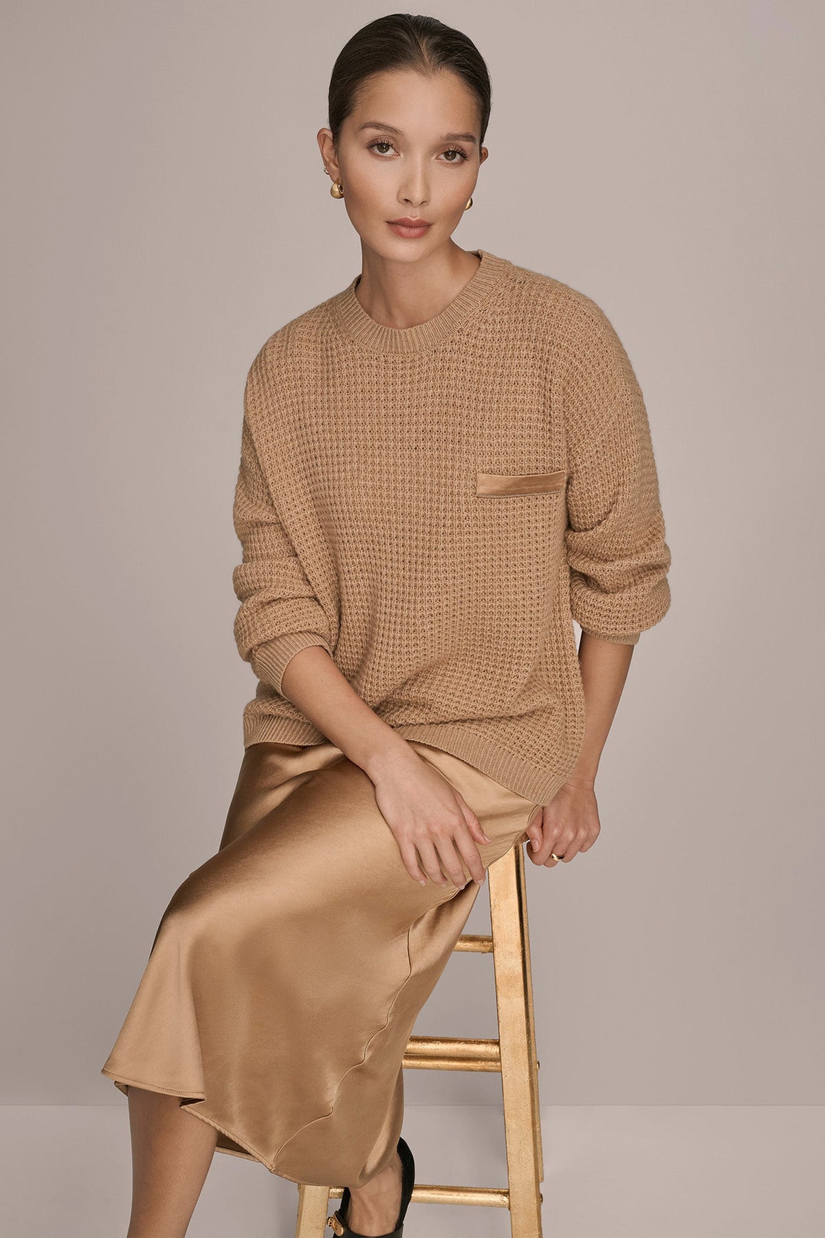 WOOL AND CASHMERE-BLEND POCKET SWEATER - FAWN HEATHER/SILVER