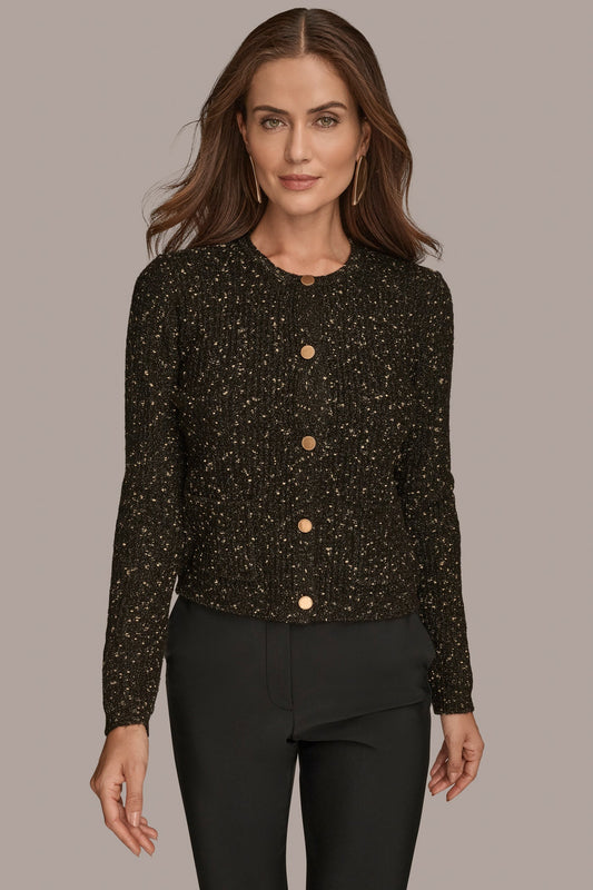 LONG SLEEVE METALLIC SPECKLED CARDIGAN - BLACK/GOLD