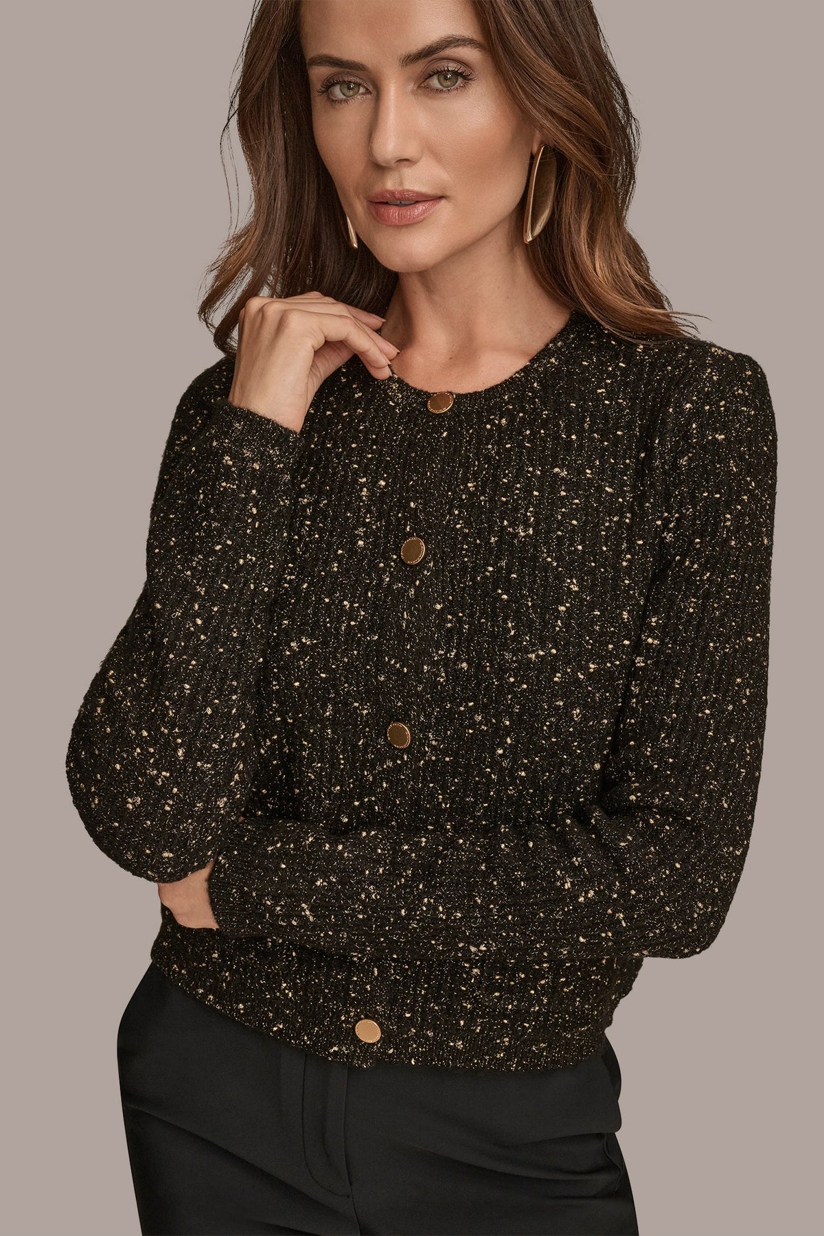 LONG SLEEVE METALLIC SPECKLED CARDIGAN - BLACK/GOLD