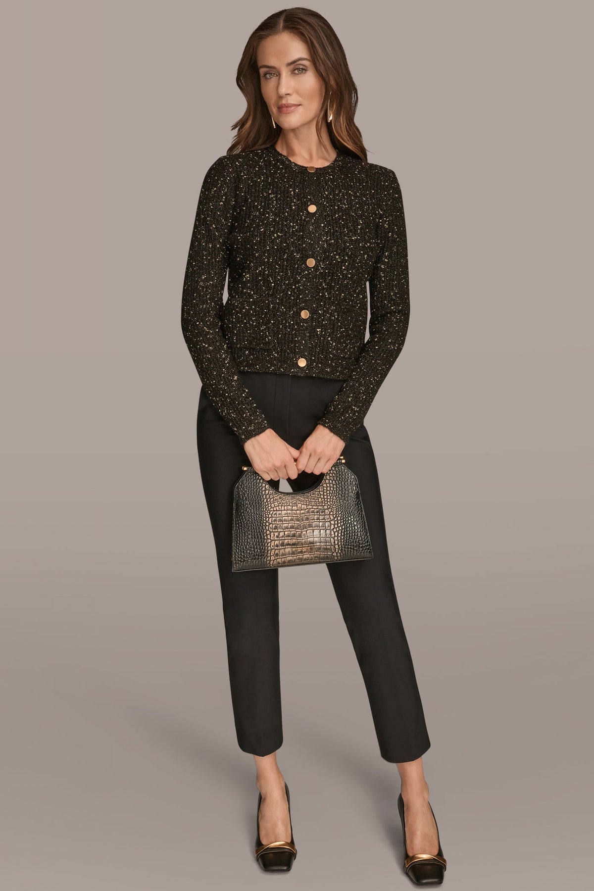 LONG SLEEVE METALLIC SPECKLED CARDIGAN - BLACK/GOLD