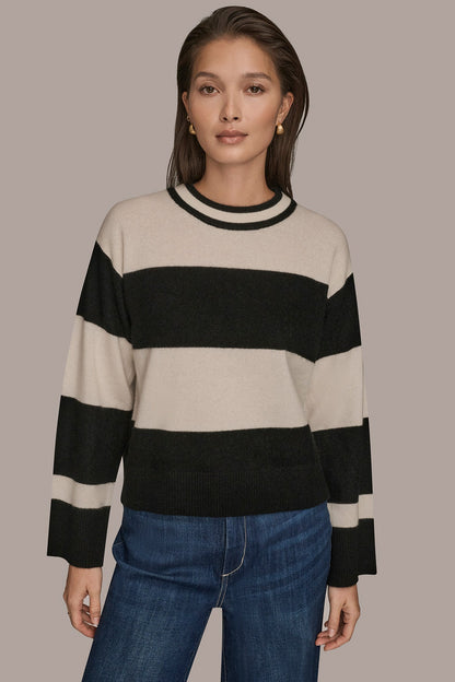 STRIPED CREWNECK BOXY SWEATER - Black/Cream
