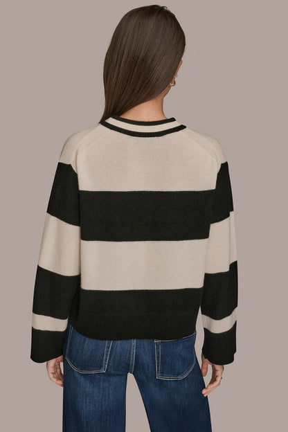 STRIPED CREWNECK BOXY SWEATER - Black/Cream