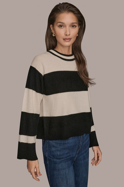 STRIPED CREWNECK BOXY SWEATER - Black/Cream