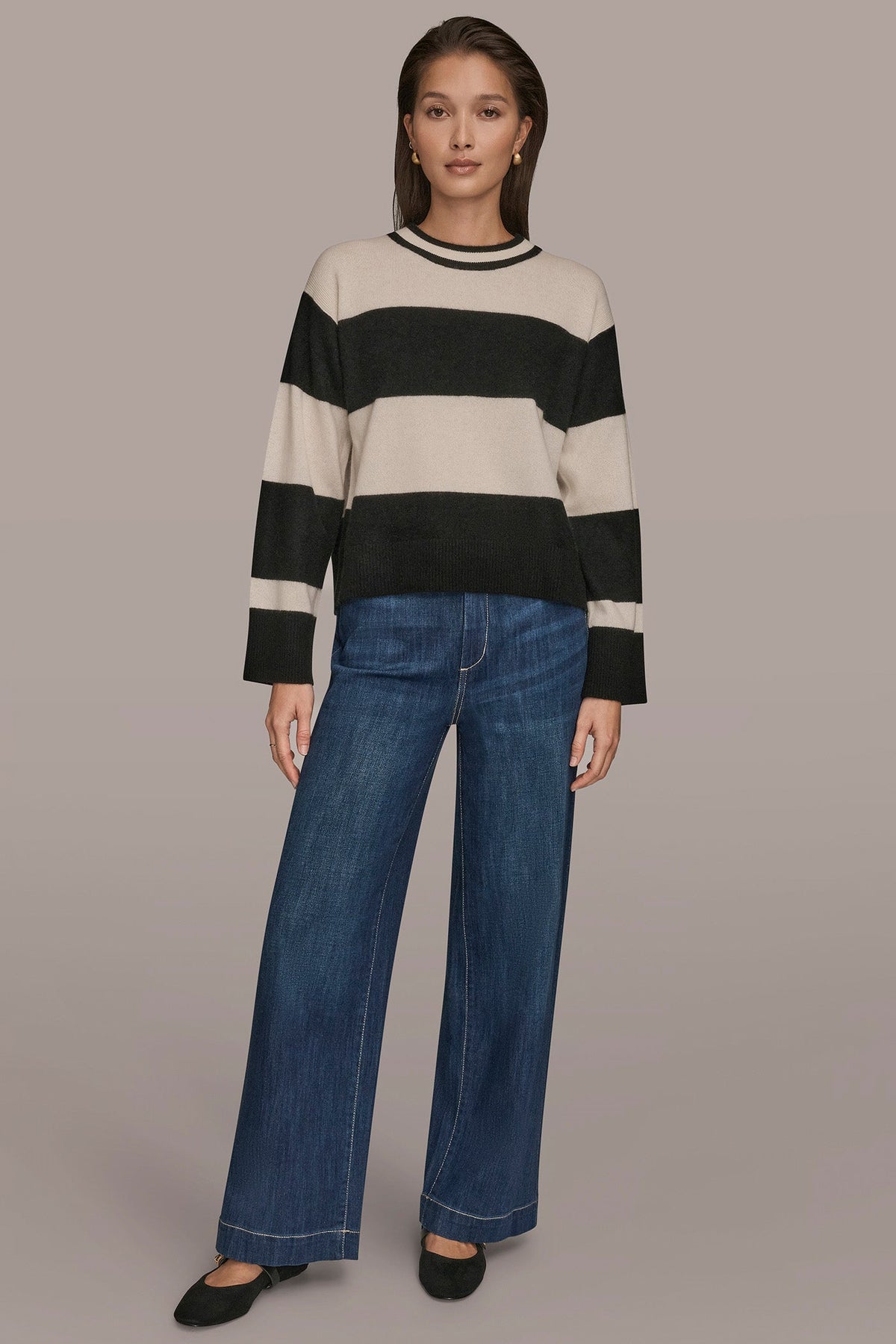 STRIPED CREWNECK BOXY SWEATER - Black/Cream