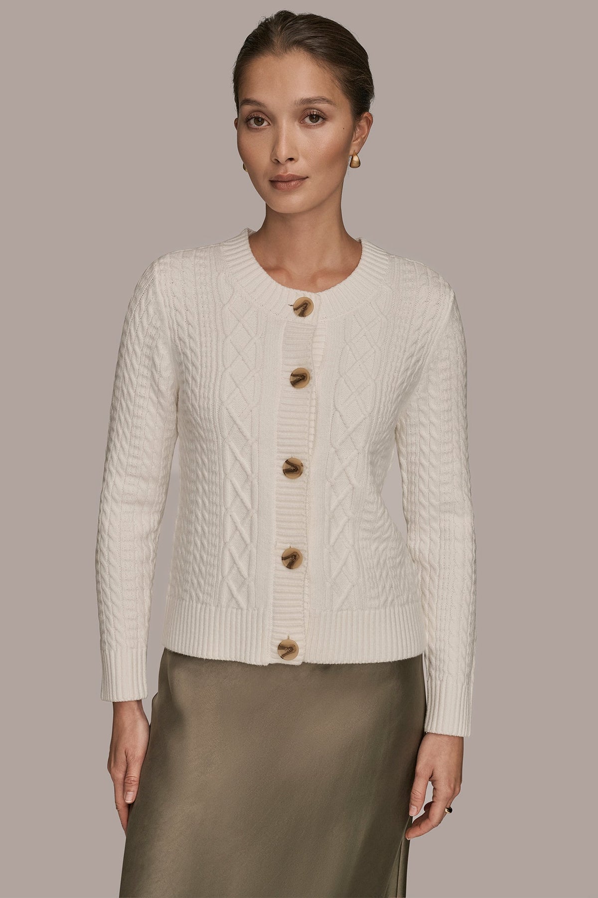 CABLE-KNIT LONG SLEEVE CARDIGAN - CREAM