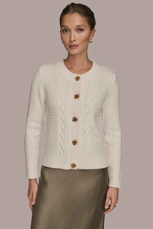 CABLE-KNIT LONG SLEEVE CARDIGAN - CREAM
