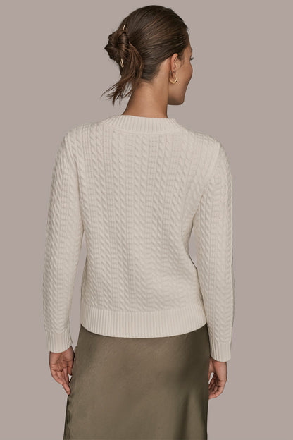 CABLE-KNIT LONG SLEEVE CARDIGAN - CREAM