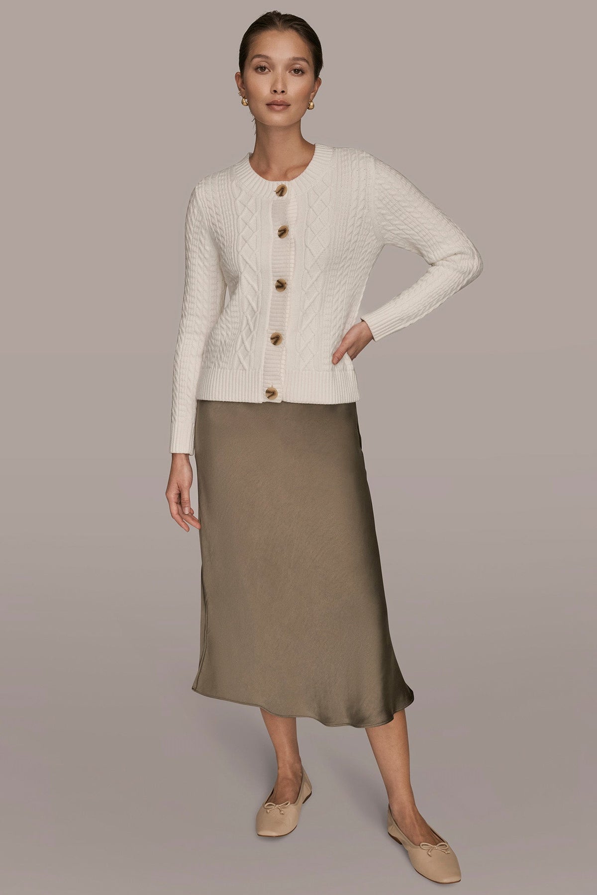 CABLE-KNIT LONG SLEEVE CARDIGAN - CREAM