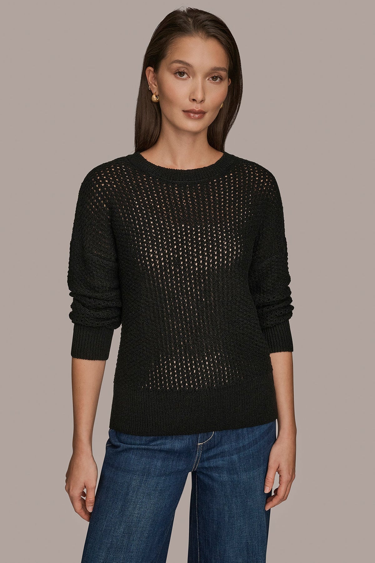 LONG SLEEVE OPEN STITCH SWEATER - Black