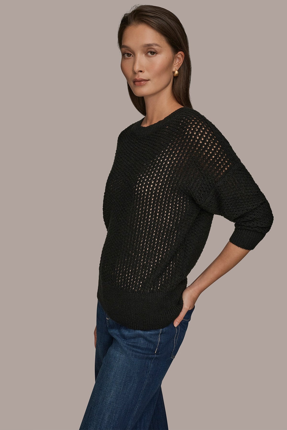 LONG SLEEVE OPEN STITCH SWEATER - Black