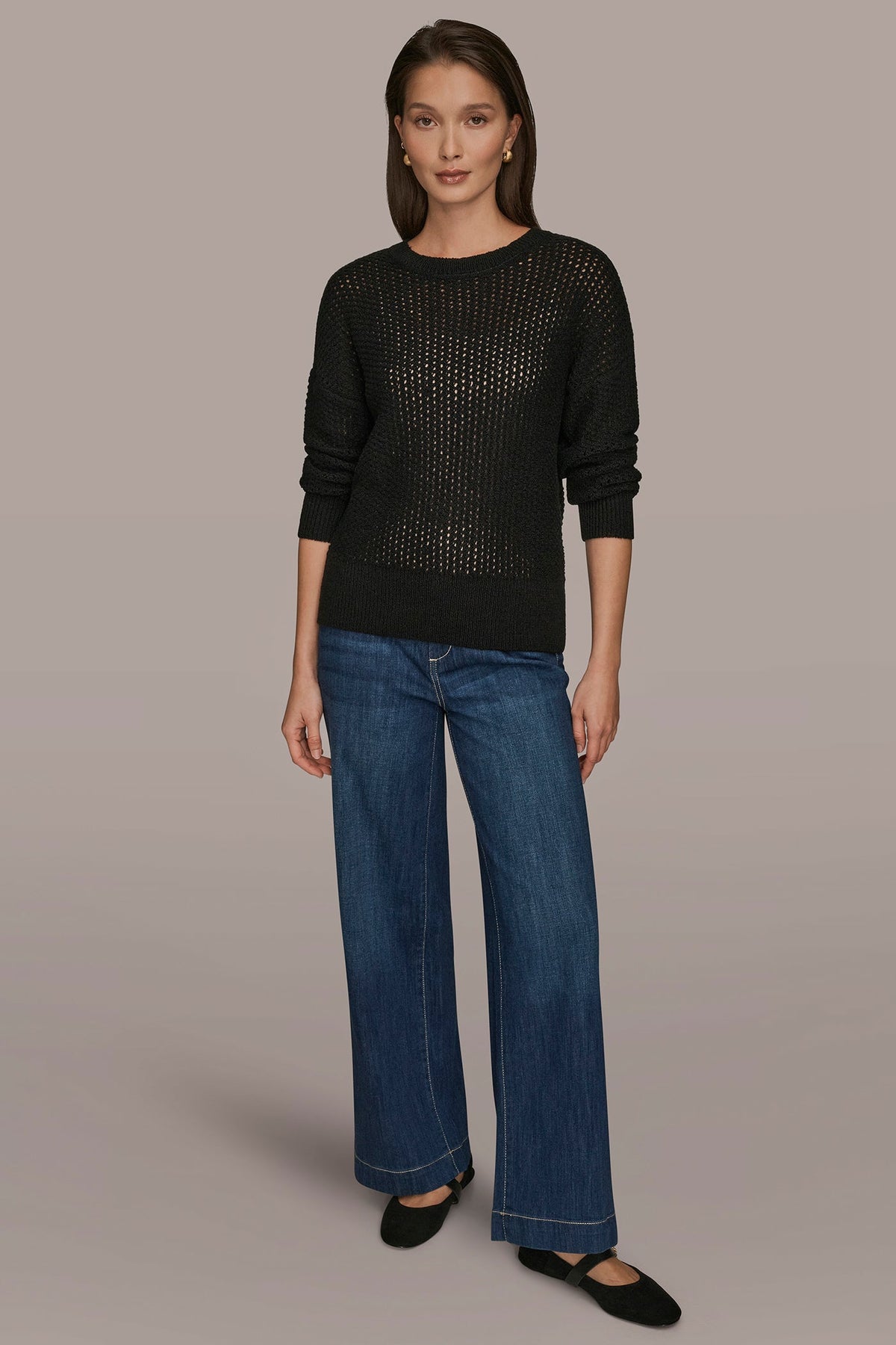 LONG SLEEVE OPEN STITCH SWEATER - Black