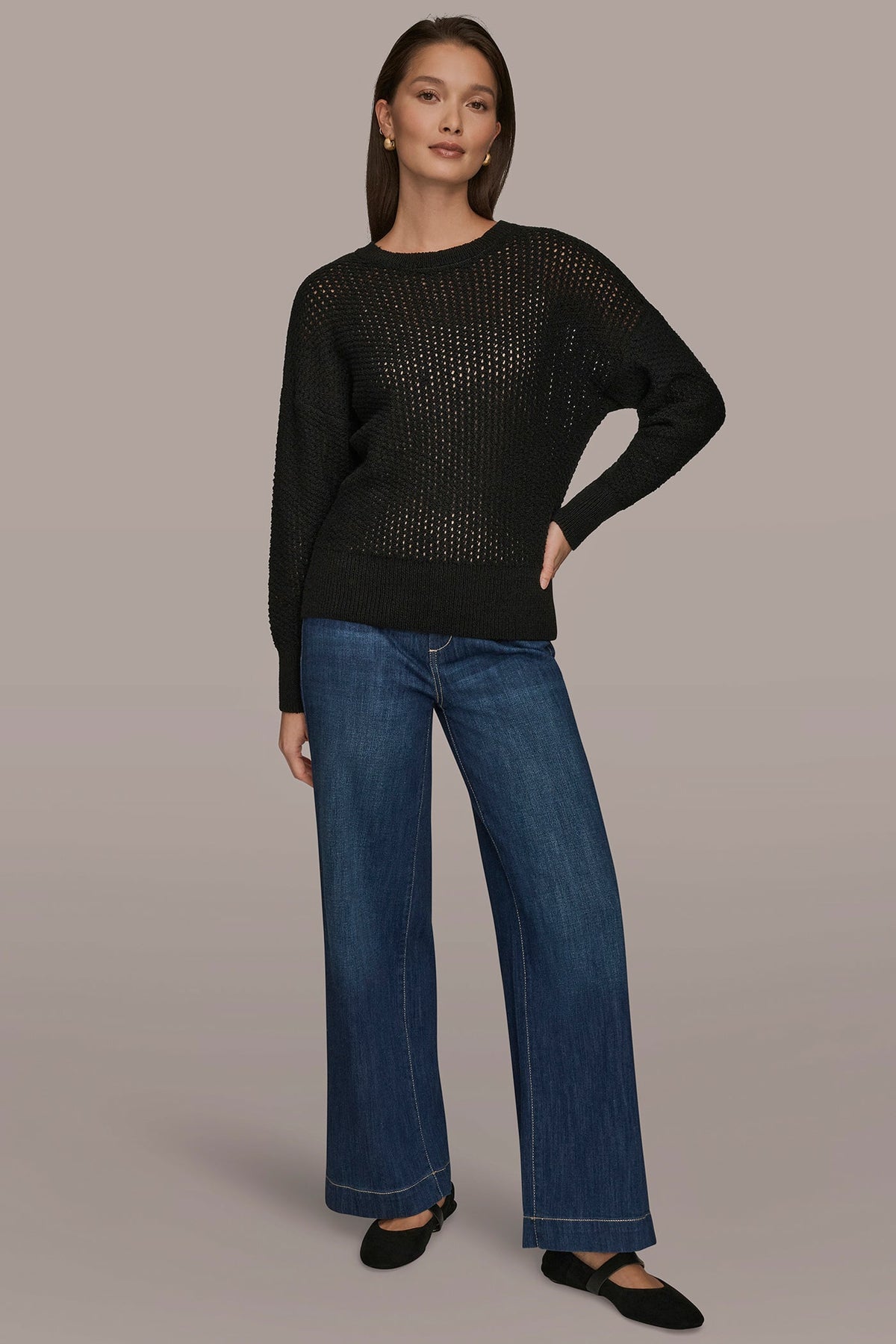 LONG SLEEVE OPEN STITCH SWEATER - Black