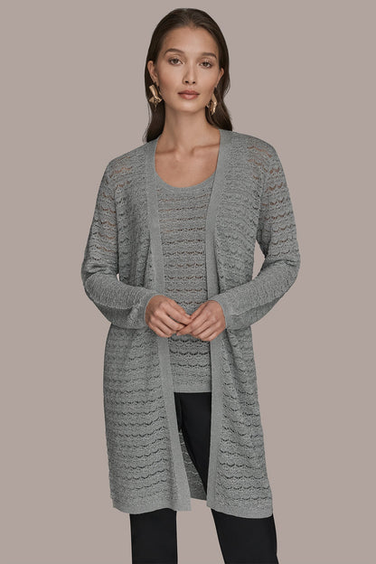 METALLIC POINTELLE LONG OPEN CARDIGAN - VAPOR