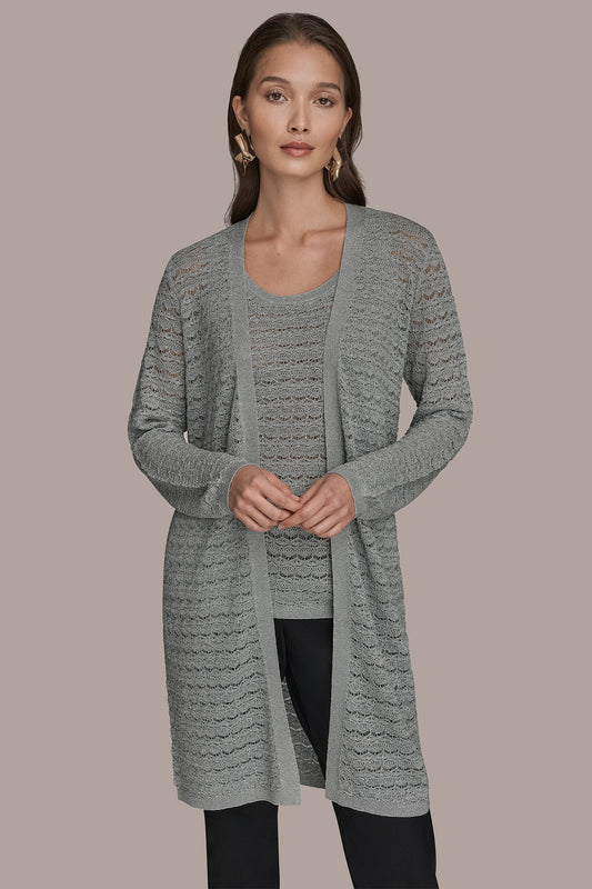 METALLIC POINTELLE LONG OPEN CARDIGAN - VAPOR