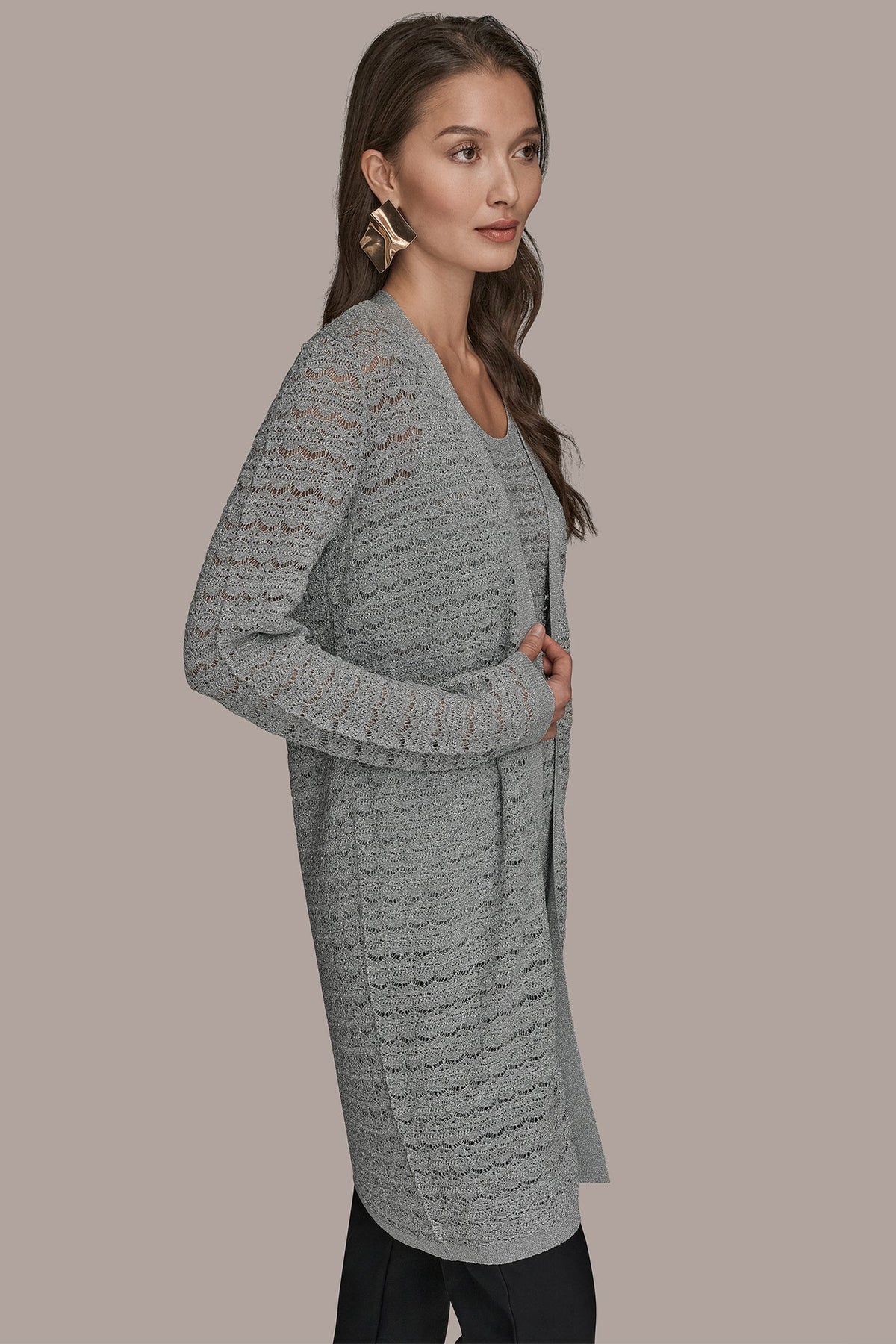 METALLIC POINTELLE LONG OPEN CARDIGAN - VAPOR