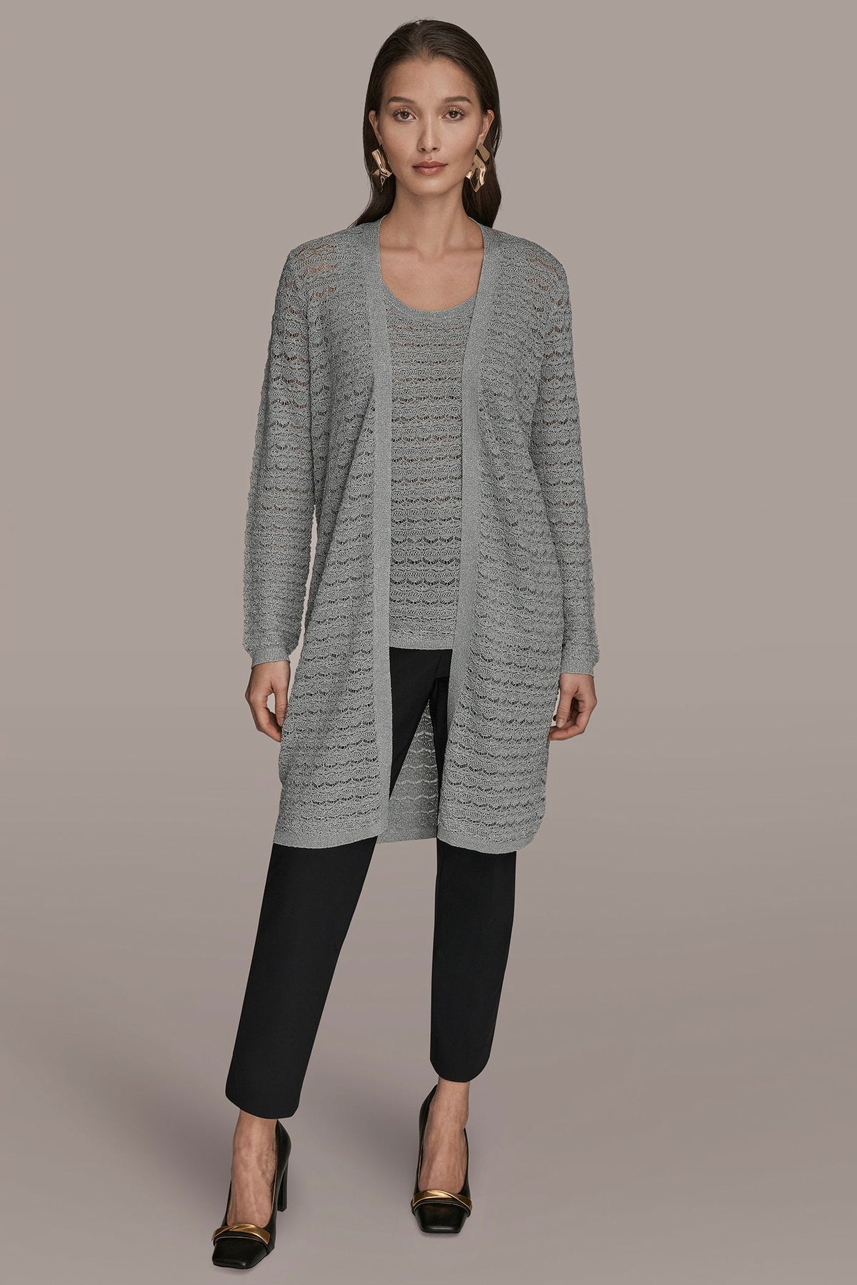 METALLIC POINTELLE LONG OPEN CARDIGAN - VAPOR