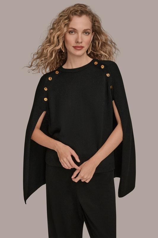 CAPE-EFFECT BUTTON SWEATER - Black