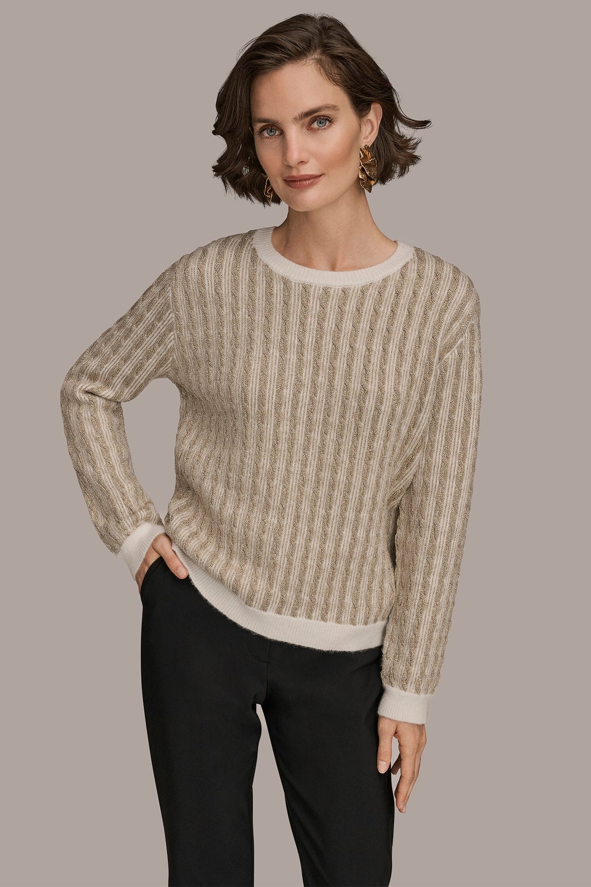METALLIC TWO-TONE CABLE-KNIT SWEATER - IVORY/GOLD
