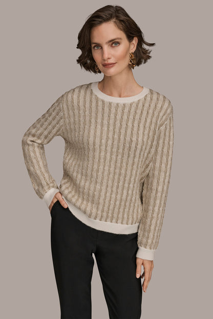METALLIC TWO-TONE CABLE-KNIT SWEATER - IVORY/GOLD