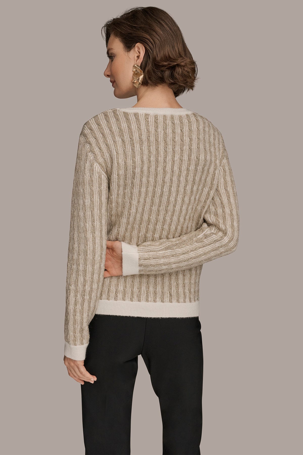 METALLIC TWO-TONE CABLE-KNIT SWEATER - IVORY/GOLD