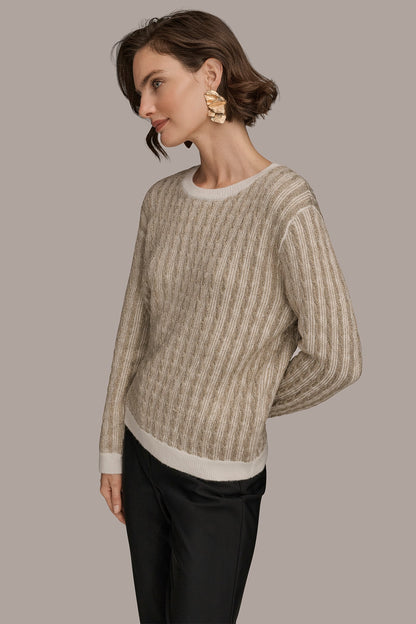 METALLIC TWO-TONE CABLE-KNIT SWEATER - IVORY/GOLD