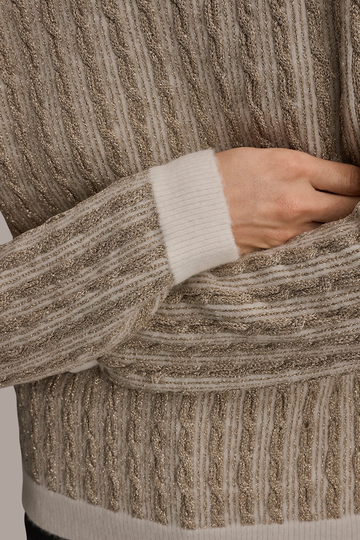 METALLIC TWO-TONE CABLE-KNIT SWEATER - IVORY/GOLD