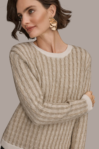METALLIC TWO-TONE CABLE-KNIT SWEATER - IVORY/GOLD