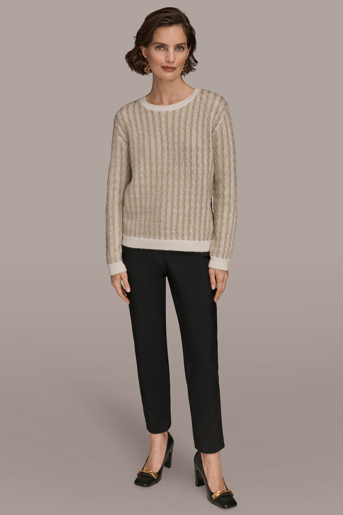 METALLIC TWO-TONE CABLE-KNIT SWEATER - IVORY/GOLD