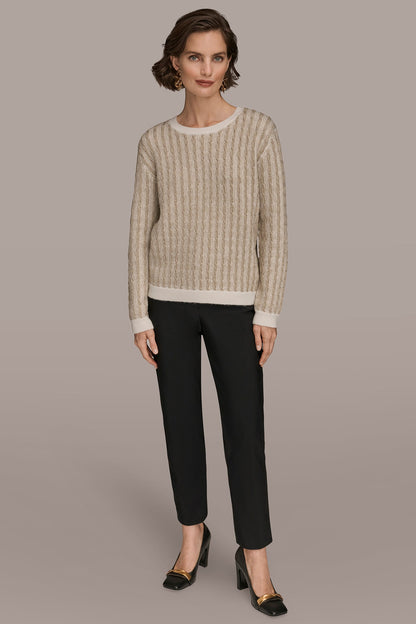 METALLIC TWO-TONE CABLE-KNIT SWEATER - IVORY/GOLD