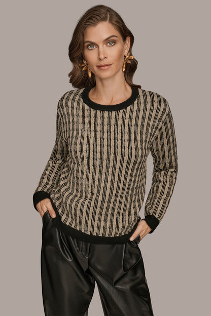 METALLIC TWO-TONE CABLE-KNIT SWEATER - BLACK/GOLD METALLIC