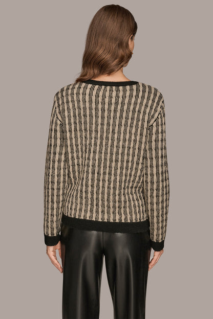METALLIC TWO-TONE CABLE-KNIT SWEATER - BLACK/GOLD METALLIC