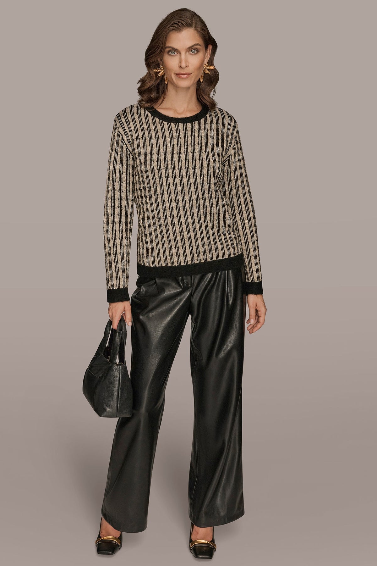 METALLIC TWO-TONE CABLE-KNIT SWEATER - BLACK/GOLD METALLIC