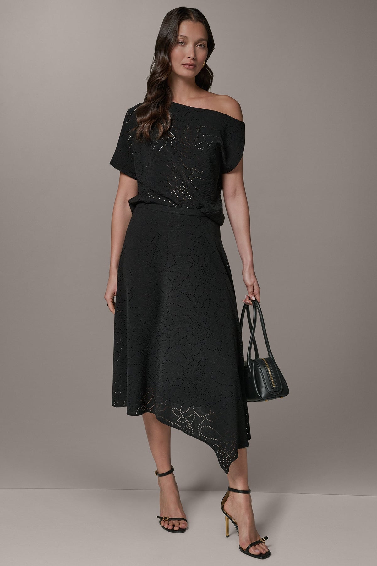 LASER CUT ASYMMETRIC MIDI SKIRT - Black