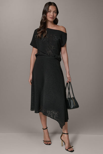 LASER CUT ASYMMETRIC MIDI SKIRT - Black