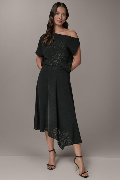 LASER CUT ASYMMETRIC MIDI SKIRT - Black