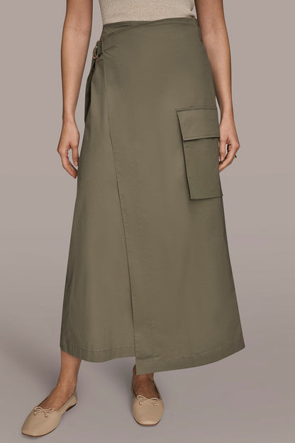 ASYMMETRIC MIDI WRAP CARGO SKIRT - KHAKI GREEN